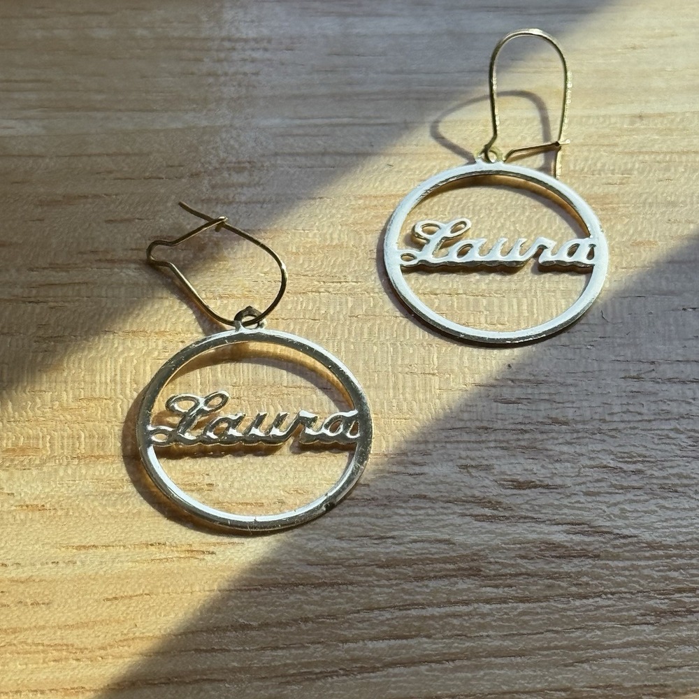 Laura Script Name Hoop Earrings Gold Tone Personalized Y2K Statement Jewelry